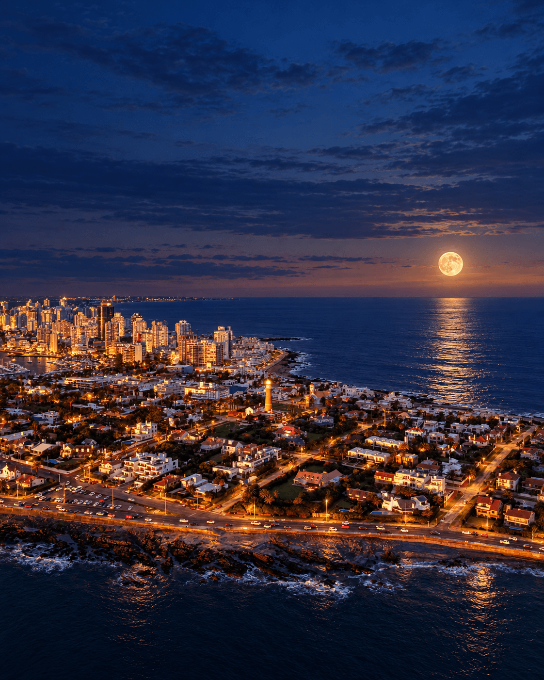 Luna llena sobre el mar y la Península de Punta del Este